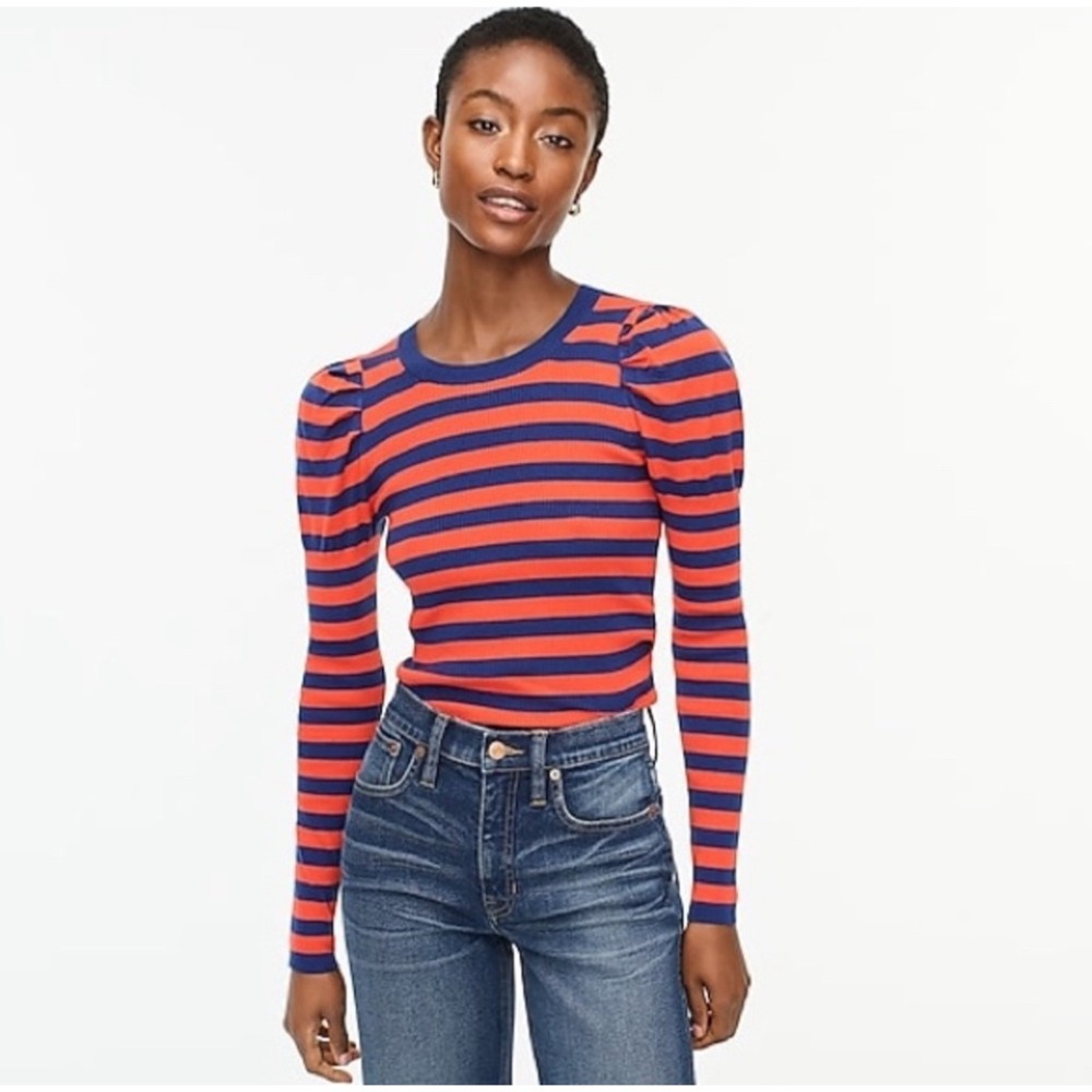 NWT‎ J. Crew Puff-sleeve Ribbed Silk-blend Sweater in Stripe Size XS Red Blue